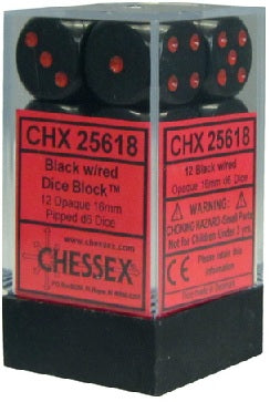 Chessex: 16mm 12D6 Dice Block Opaque Black/Red